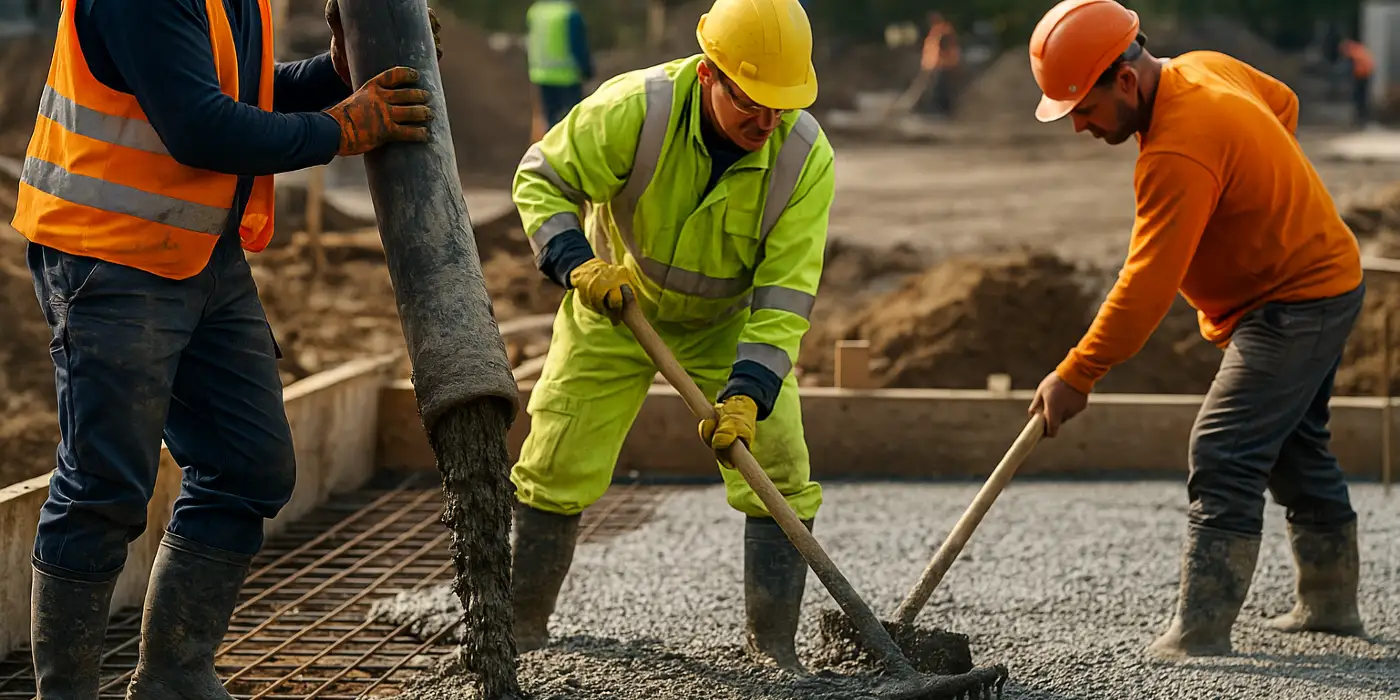 3 concrete contractors spreading concrete on the ground from Concrete King Dallas in Dallas, TX - Concrete Contractor 3 concrete contractors spreading concrete on the ground from Concrete King Dallas in Dallas, TX
