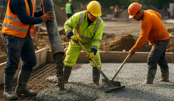 3 concrete contractors spreading concrete on the ground from Concrete King Dallas in Dallas, TX 