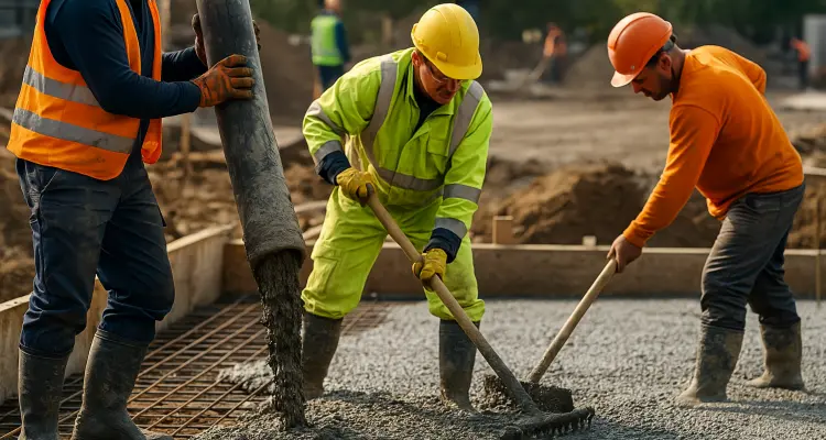 3 concrete contractors spreading concrete on the ground from Concrete King Dallas in Dallas, TX 