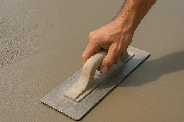 a hand trowel being used on a fresh cement slab from Concrete King Dallas in Dallas, TX - Concrete Garage Floors