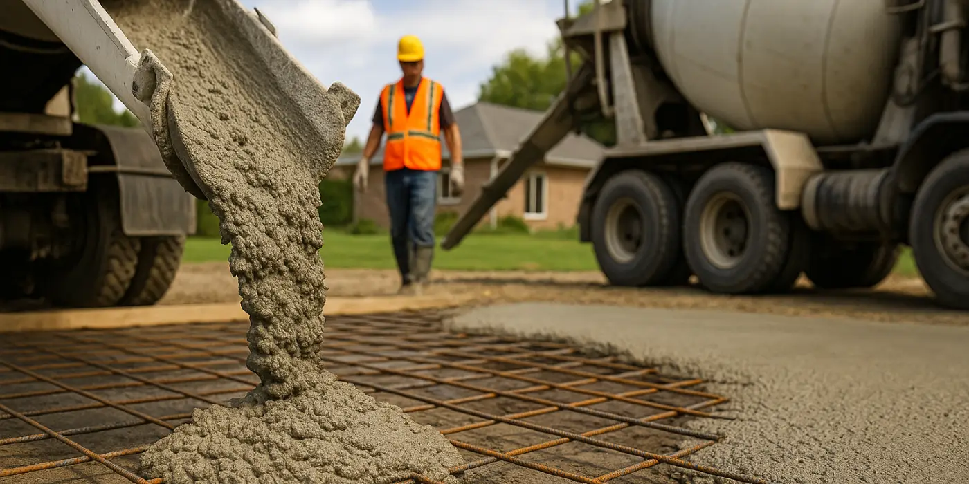 Cement truck pouring cement on a rebared ground from Concrete King Dallas in Dallas, TX - Concrete Steps Building
