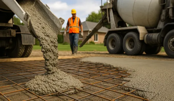 Cement truck pouring cement on a rebared ground from Concrete King Dallas in Dallas, TX - Concrete Steps Building