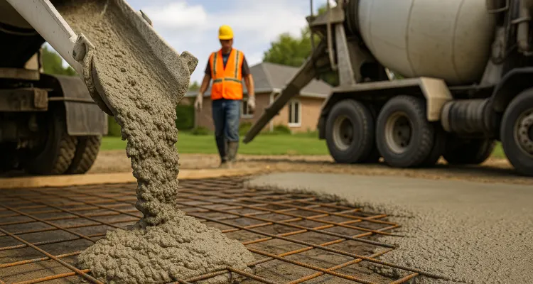 Cement truck pouring cement on a rebared ground from Concrete King Dallas in Dallas, TX - Concrete Steps Building