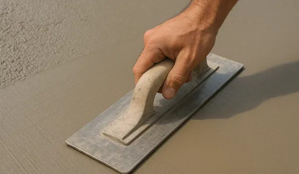 a hand trowel being used on a fresh cement slab to smooth it from Concrete King Dallas in Dallas, TX - Concrete Walkway Installation