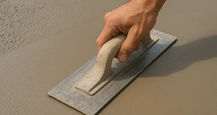 a hand trowel being used on a fresh cement slab to smooth it from Concrete King Dallas in Dallas, TX - Concrete Walkway Installation