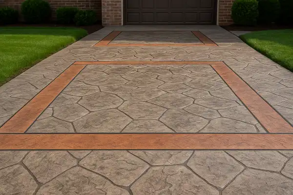 a brand new finished stamped concrete patio from Concrete King Dallas in Dallas, TX - Driveway Repair