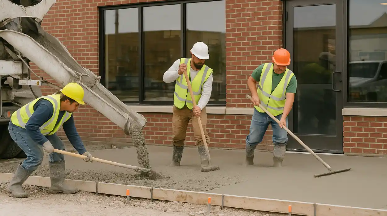3 concrete contractors spreading concrete on the ground for a sidewalk from Concrete King Dallas in Dallas, TX - Footing slab foundation
