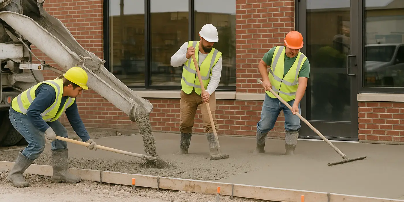 3 concrete contractors spreading concrete on the ground for a sidewalk from Concrete King Dallas in Dallas, TX - Footing slab foundation 3 concrete contractors spreading concrete on the ground for a sidewalk from Concrete King Dallas in Dallas, TX - Footing slab foundation