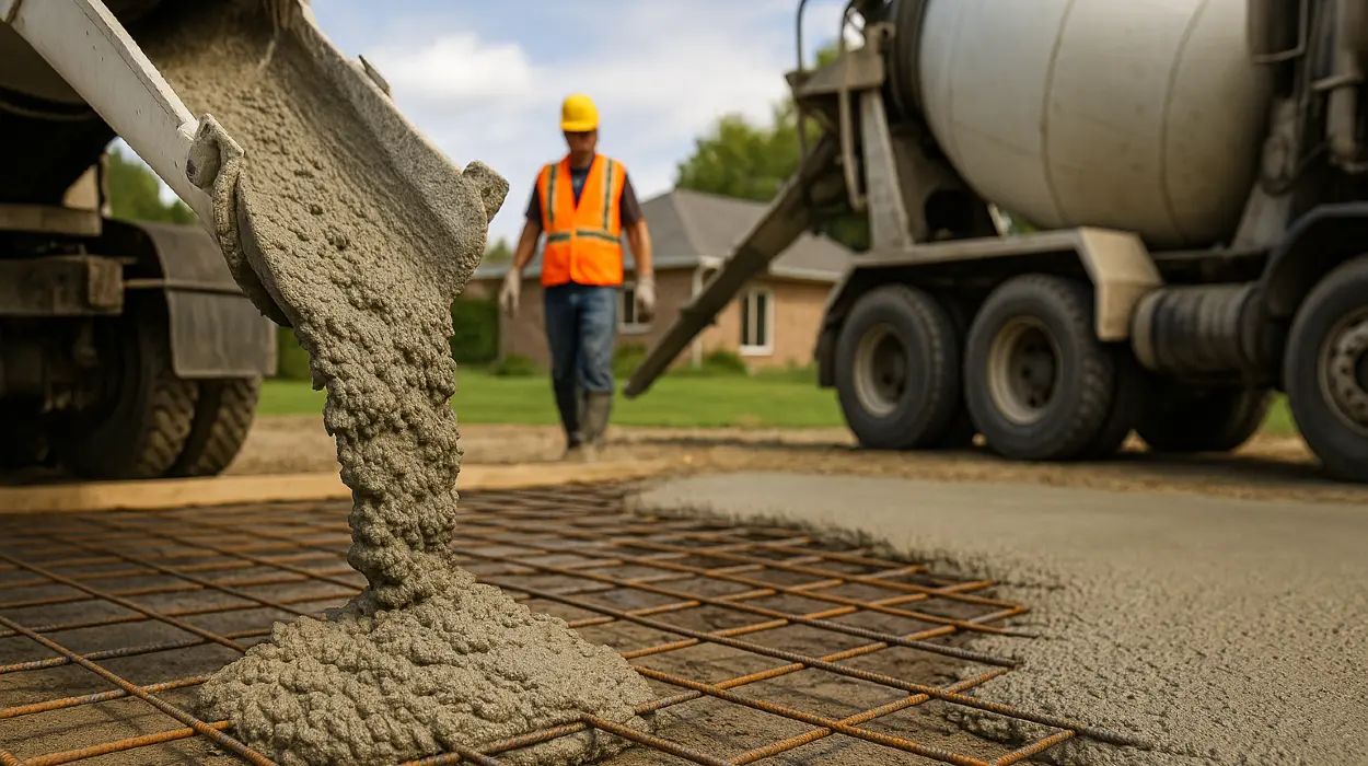 Cement truck pouring cement on a rebared ground from Concrete King Dallas in Dallas, TX - Residential Concrete Repairs