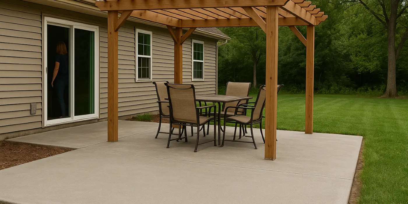a concrete patio with a pergola from Concrete King Dallas in Richardson, TX - Richardson TX