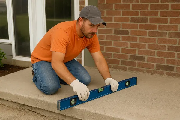 a male worker leveling a concrete slab porch from Concrete King Dallas in Richardson, TX - Richardson TX
