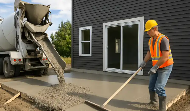 a man spreading the cement a truck is pouring to build a patio from Concrete King Dallas in Dallas, TX - Stamped Concrete Patios